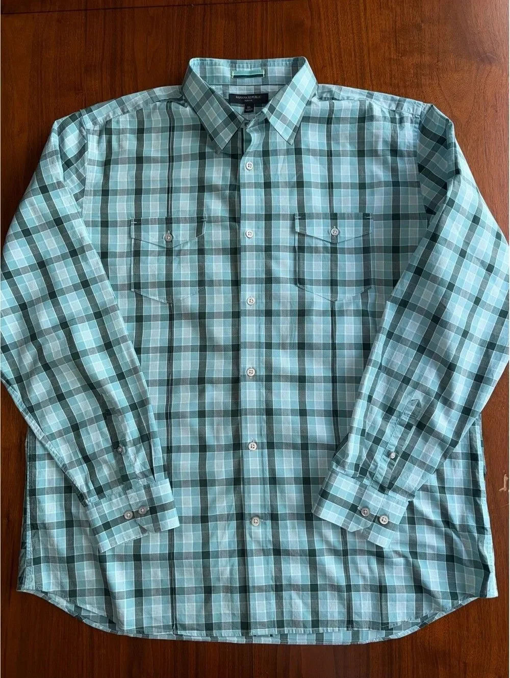 Banana Republic Slim Fit Long Sleeve Light Blue Lrg Check Plaid Shirt - Size XL